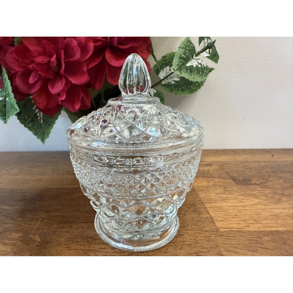 Vintage Crystal Lidded Sugar Bowl – Diamond Cut Pressed‎ Glass Candy Dish Retro